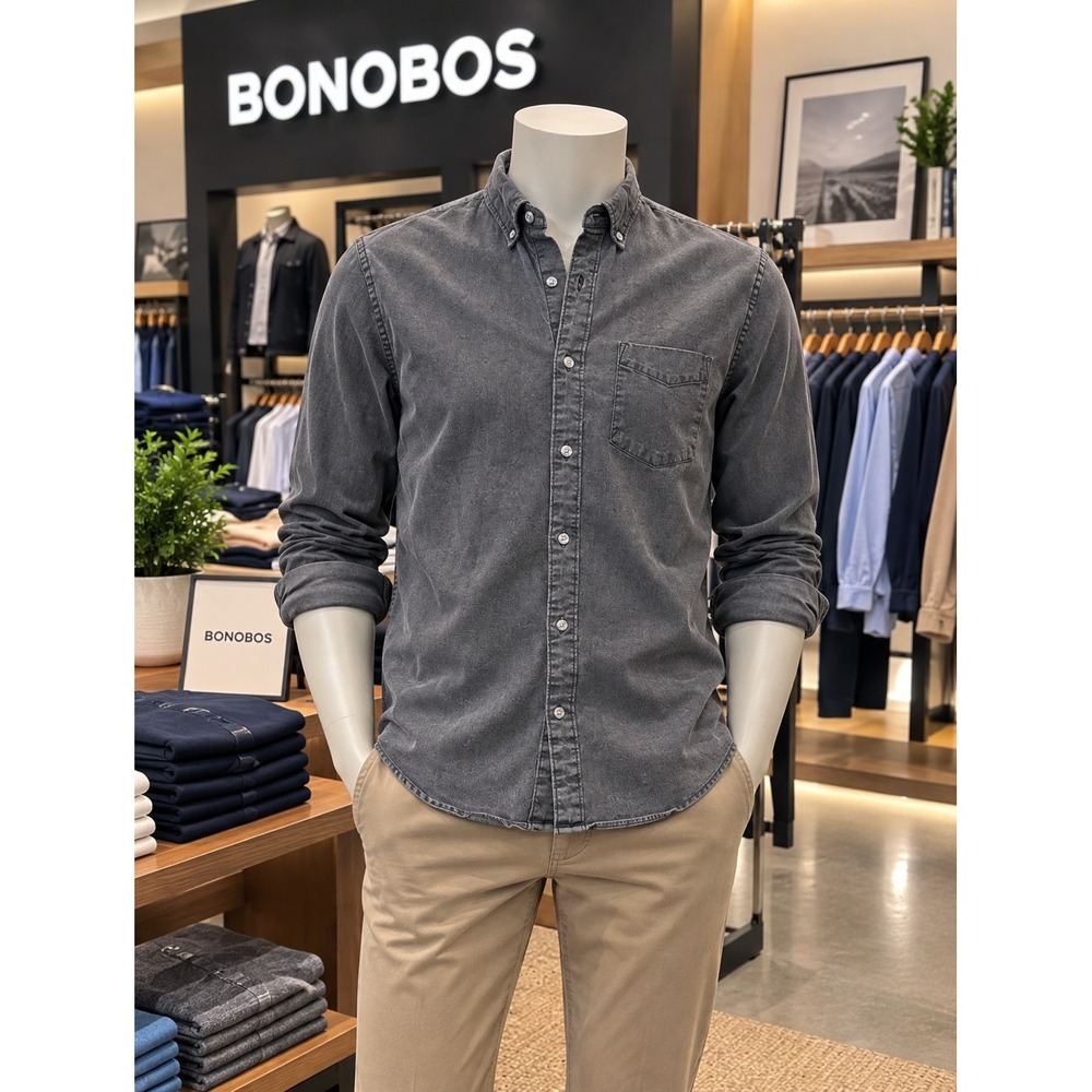 Bonobos Stretch Mens M Washed Black Charcoal Cotton Button Down Shirt